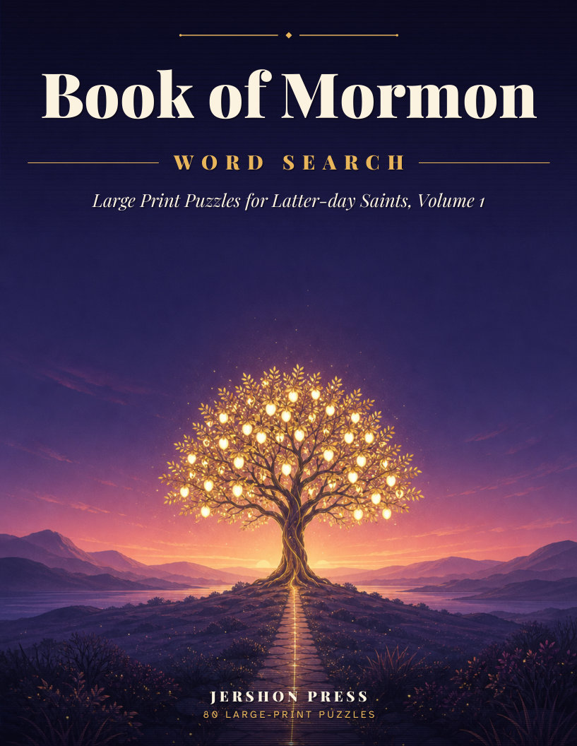 Book of Mormon Word Search, Volume 1 — cover with a golden tree of life at sunset