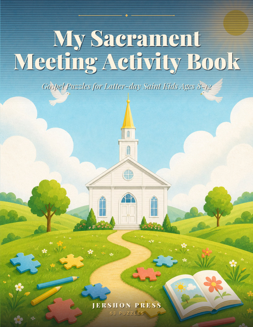 My Sacrament Meeting Activity Book — cover with a white chapel on green hills